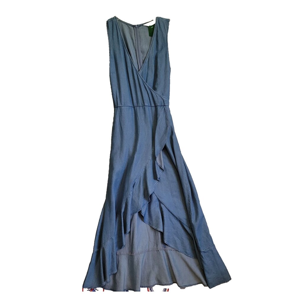 Denim Wrap Dress size 4 Blue Flirty Ruffled Party Casual Sleeveless Belt &denim